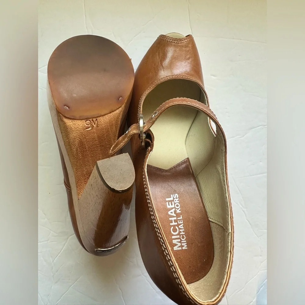 Michael Kors Hancock Platform Mary Jane Peep Toe Heel Cognac Brown - Size 9